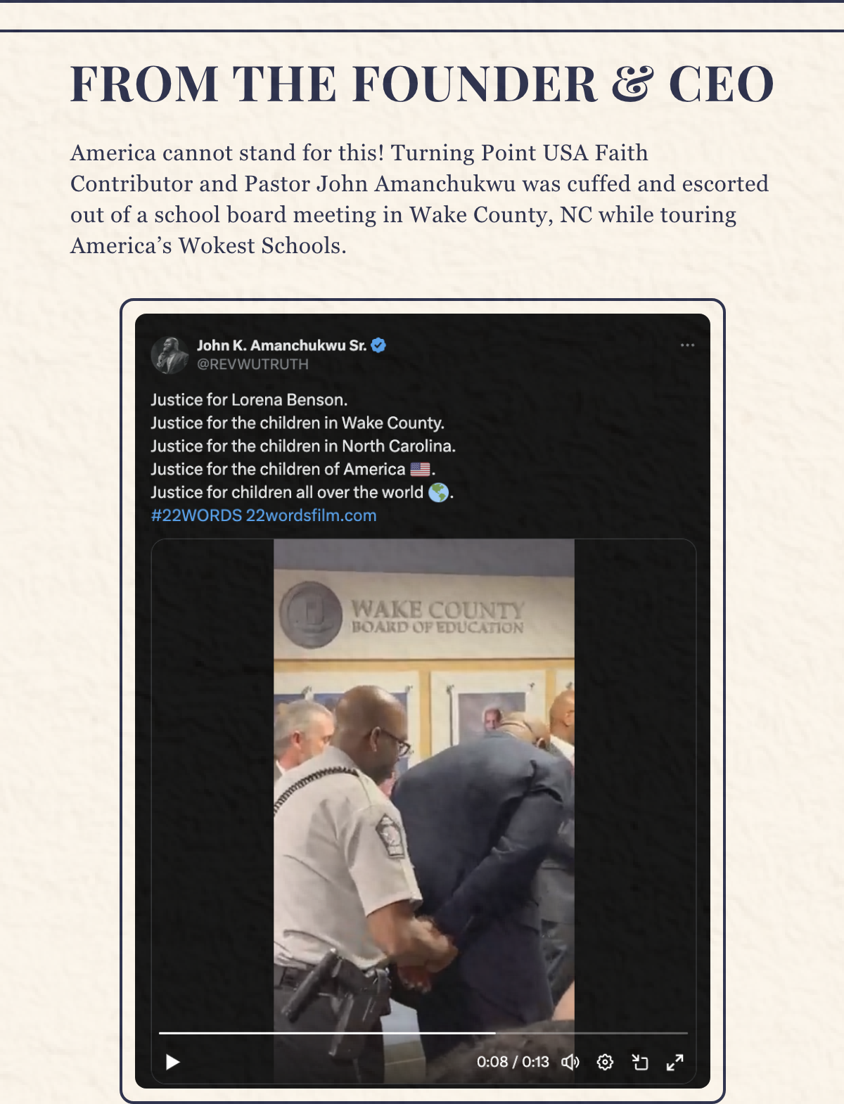 America cannot stand for this! Turning Point USA Faith Contributor and Pastor John Amanchukwu was cuffed and escorted out of a school board meeting in Wake County, NC while touring America’s Wokest Schools. 